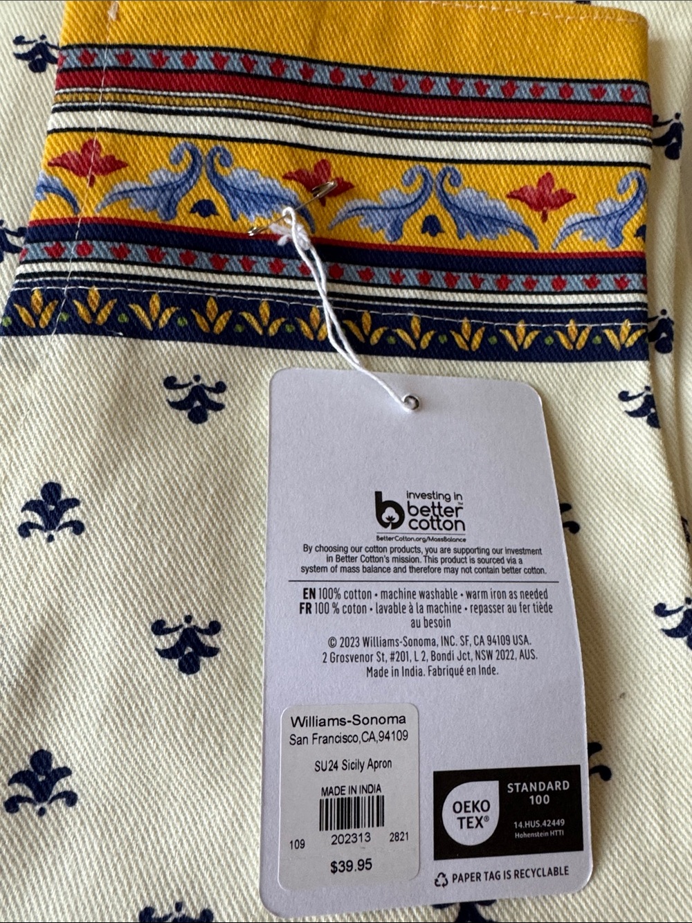 NEW Williams Sonoma Cream and Navy Fleur Kitchen Cotton Set w/Multicolor Border - Picture 10 of 16